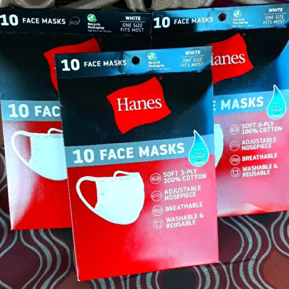 Hanes 10 Pack White Face Masks 100% Cotton 3-Ply Adjustable Breathable Reusable
